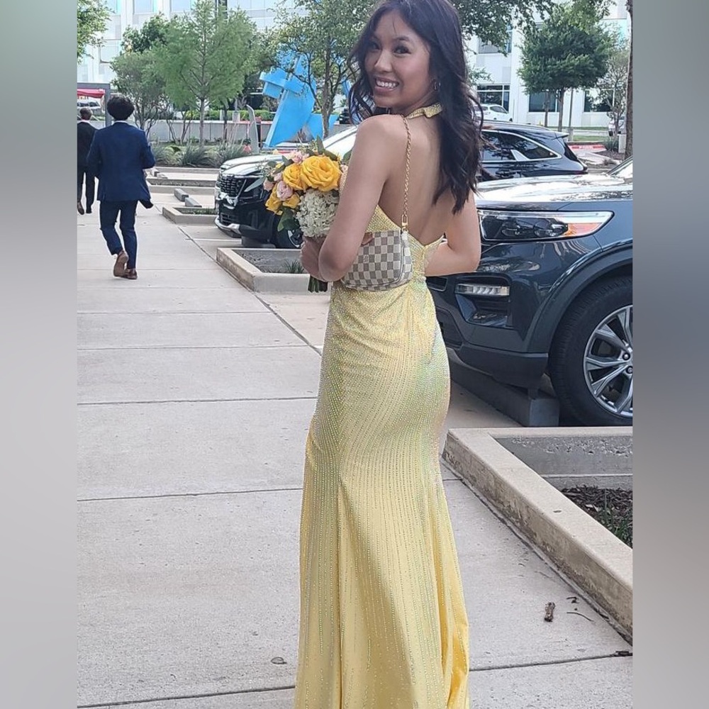 SHERRI HILL YELLOW RHINESTONE PROM DRESS